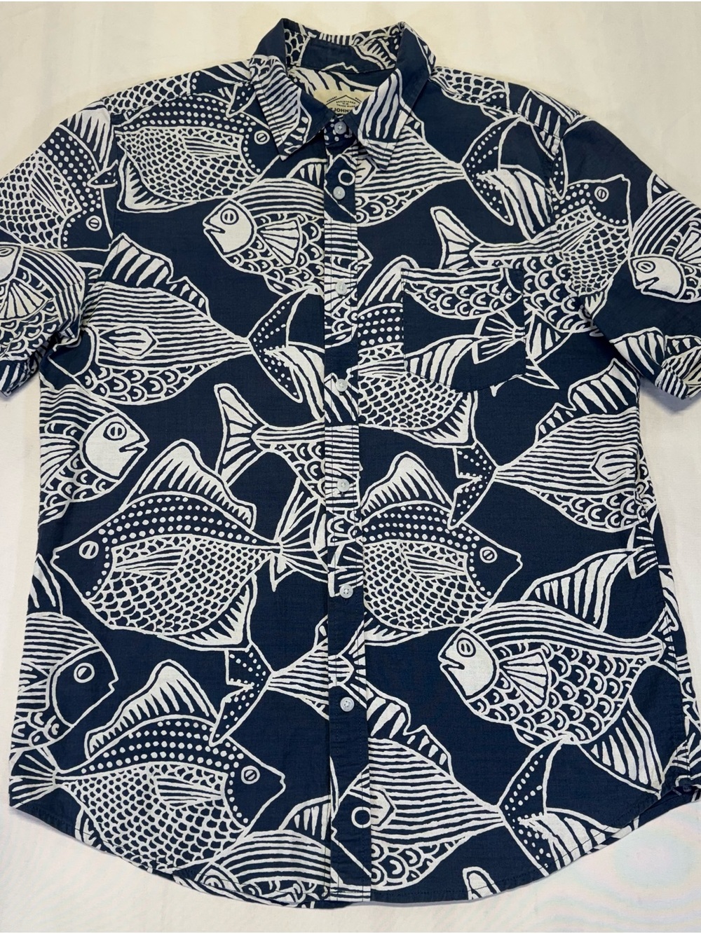 St. John's Bay Navy & White Fish Print Short-Sleeve Button-Down Shirt - Picture 1 of 6